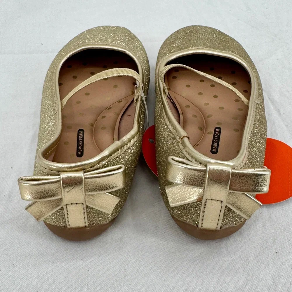 Toddler Gold Glitter Mary Jane Flats Size 9 Memory Foam Bow Heel Coquette Girls